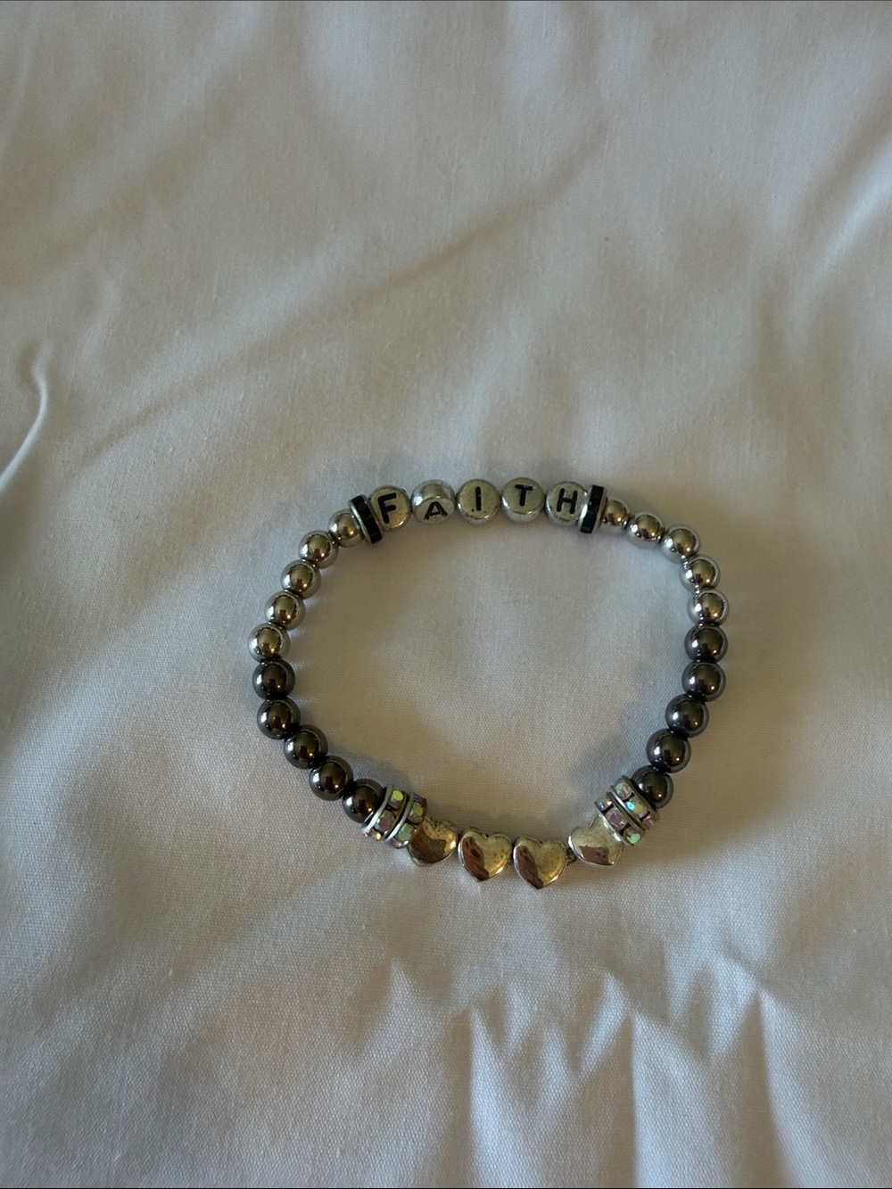 FAITH Hematite Beaded Stretch Bracelet with Silver Hearts